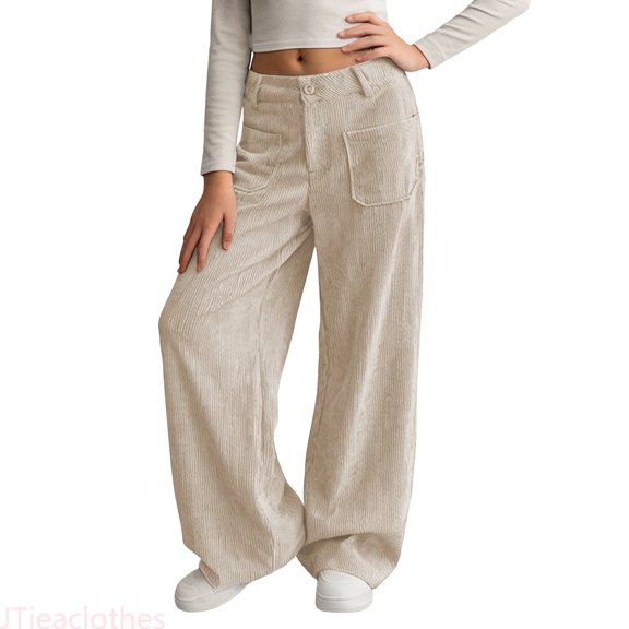 JTieacloth Girls Casual Pants Kids Girl's Solid Corduroy Wide Leg Pants Button Front Zipper Straight Pants With Pockets For Teen Youth,Sizes 5-6 Years