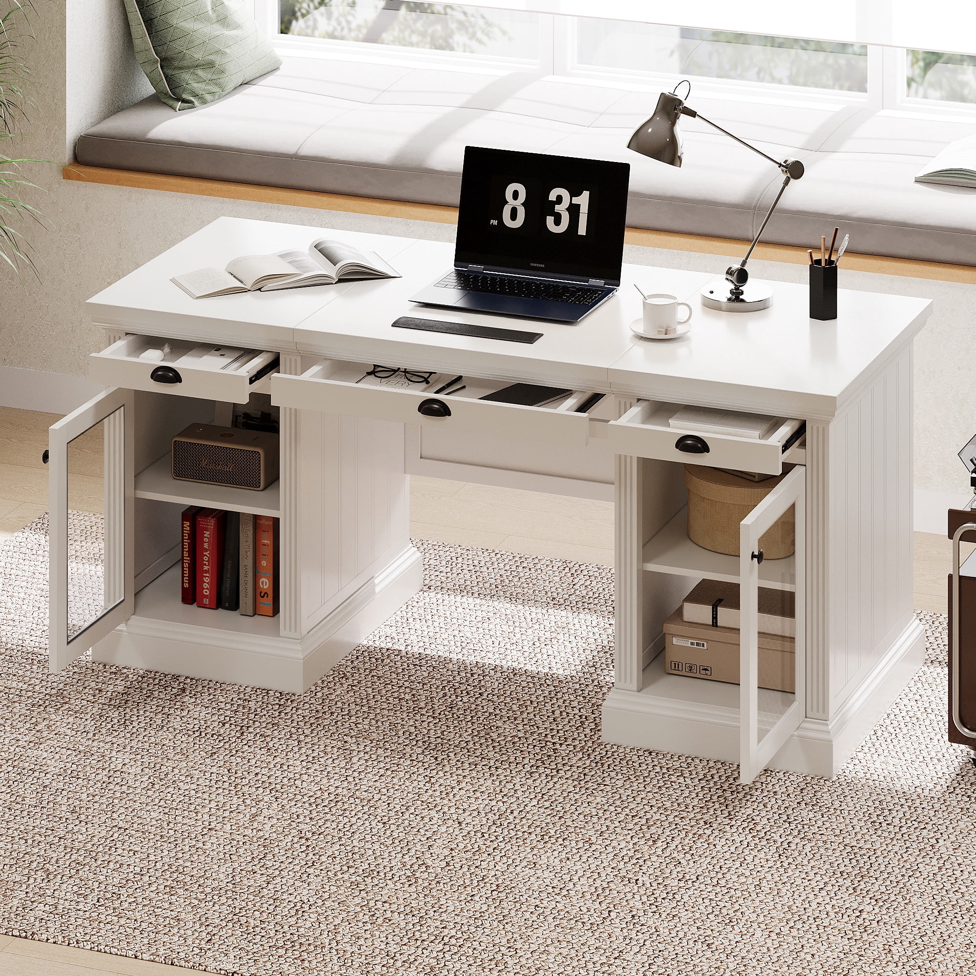 DTTRA 67" Modern Executive Desk with 3 Drawers & 2 Cabinets, Built-in Outlets, White