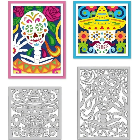 Day of The Dead Die Cuts for Card Making Carbon Steel Die Cuts Skeleton Background Frame Stencils Scrapbooking Embossing Template for Halloween Festivals Crafting DIY Photo Album Paper DIY