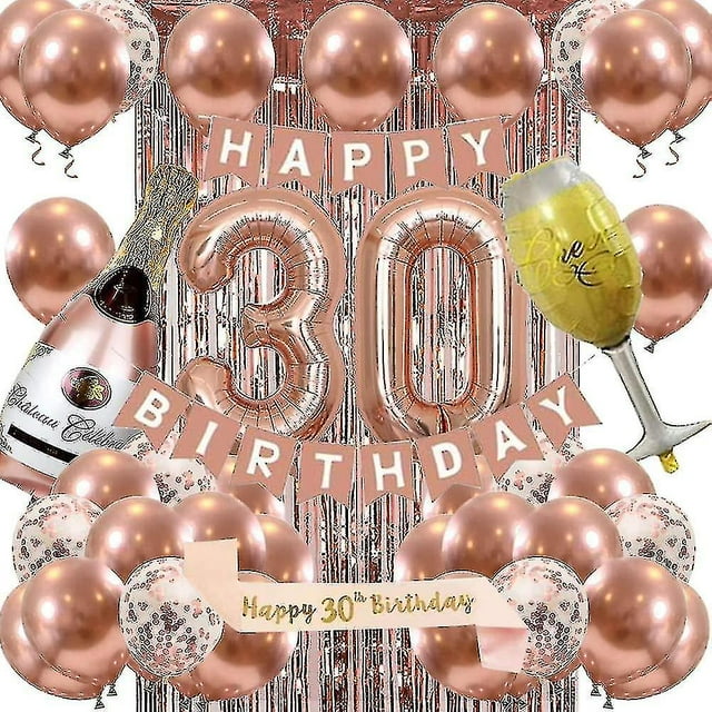 decoraciones de 30 cumpleaños para mujeres oro rosa yongsheng decoración de fiesta de 30 cumpleaños Vista frontal centrada con números inflables 3 y 0 oro rosa (40 pulgadas), guirnalda de banderines 'HAPPY BIRTHDAY' en oro rosa, cortina de flecos oro rosa de fondo, globos metálicos oro rosa y globos de confeti, globo botella de champán y globo copa de vino, cinta y pajita incluidas; montaje para aire o helio, adecuado para decorar una fiesta de 30 años para ella.