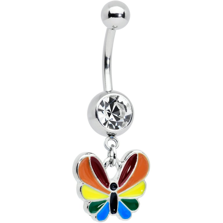 Body Candy Womens 14G Steel Navel Ring Piercing Pride Rainbow Stripe Butterfly Dangle Belly Button Ring