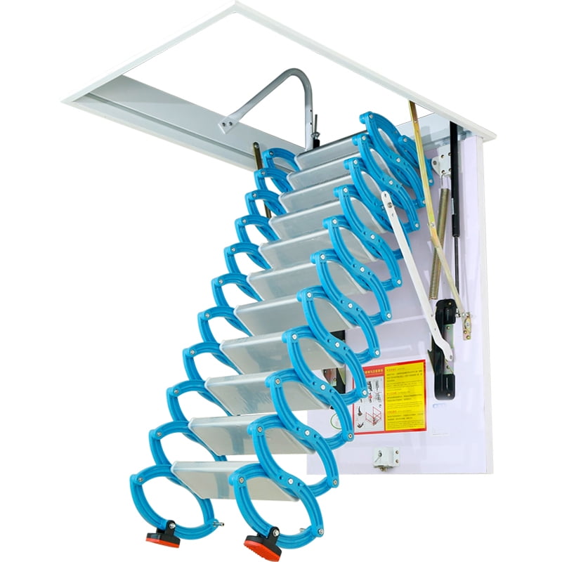 Blue Wall Ladder Attic Folding Extension Ladder Telescoping Loft Wall Stairs Carbon Steel Blue