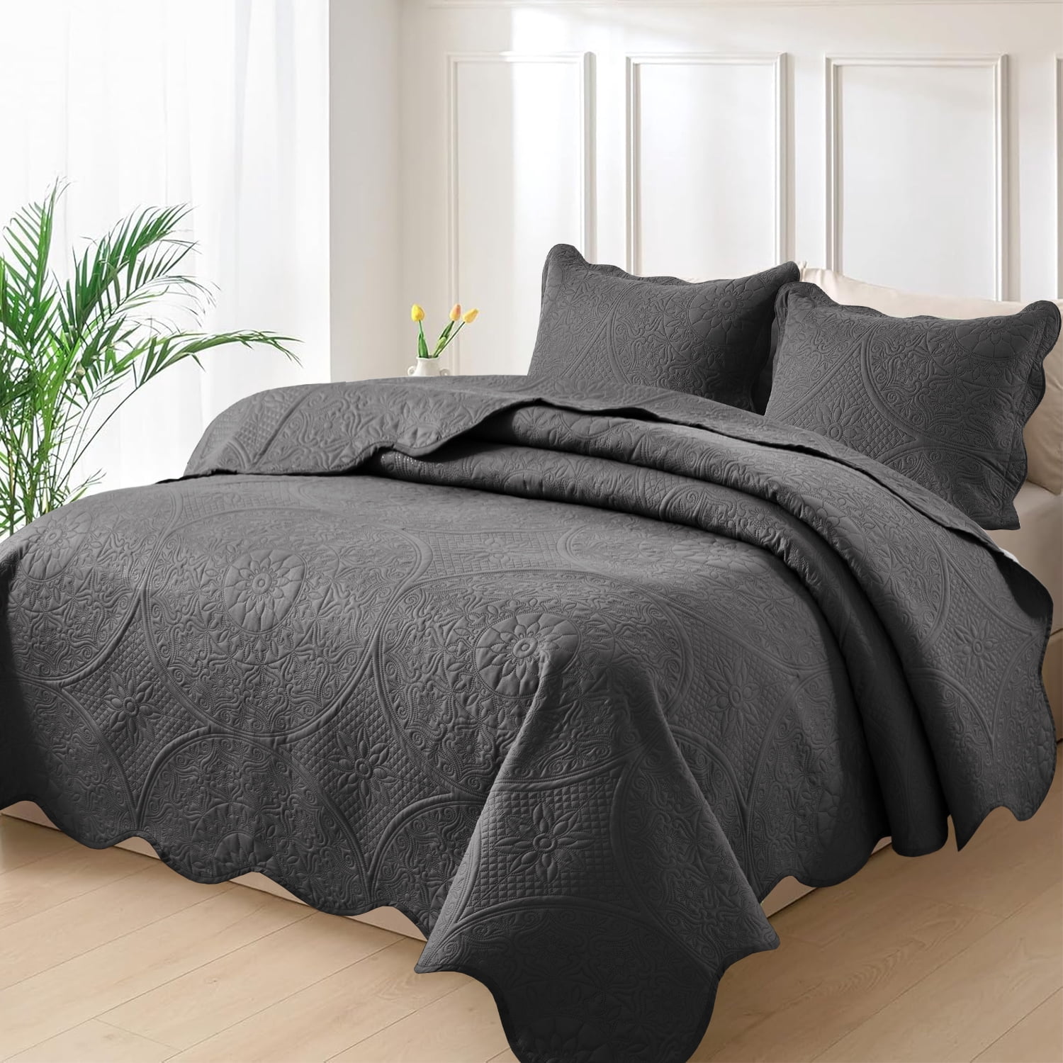 Moonlight20015 3 Piece Quilt Set Ultrasonic Lightweight Microfiber Floral Pattern Charcoal Twin