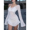 thumbnail image 5 of Women's Black Drawstring Side Flare Sleeve Asymmetrical Neck Elegant Dress, 5 of 8