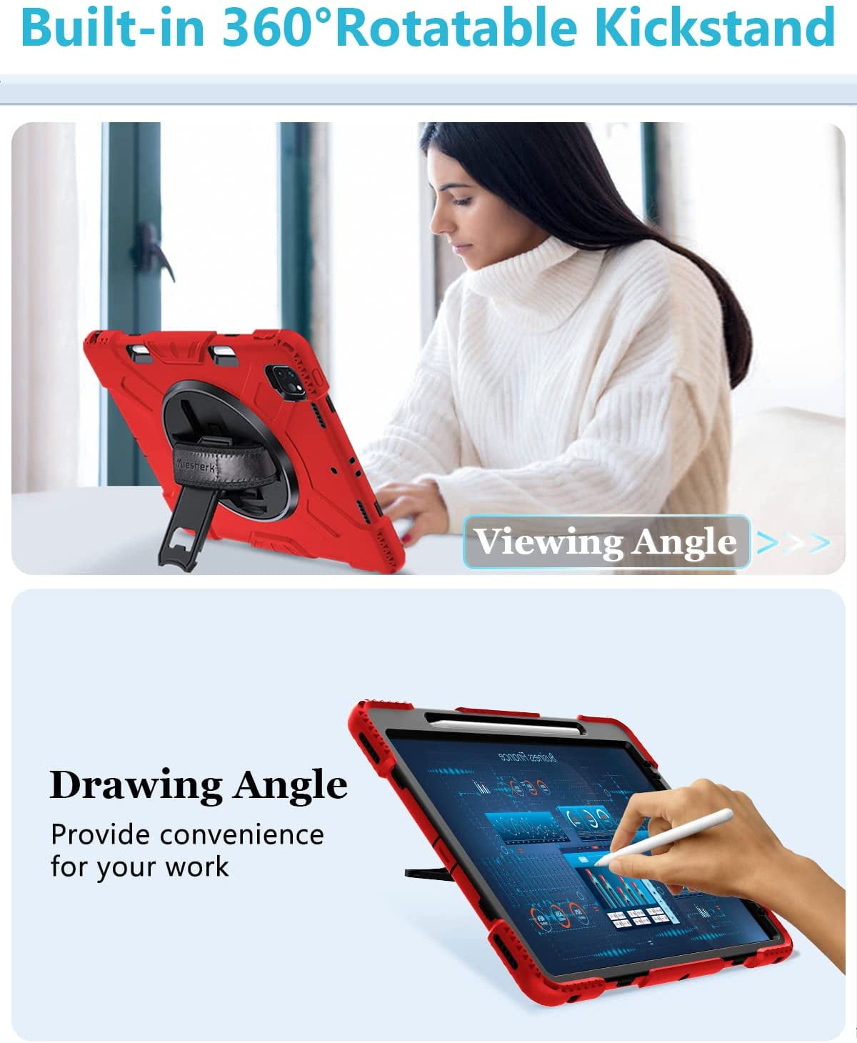Case for iPad Pro 12.9 2021 5th Generation: Military Grade Heavy Duty Shockproof Silicone Protective Cover for iPad 12.9 Inch 2020 & 2018 w/ Pencil Holder - Stand - Handle - Shoulder Strap- Red