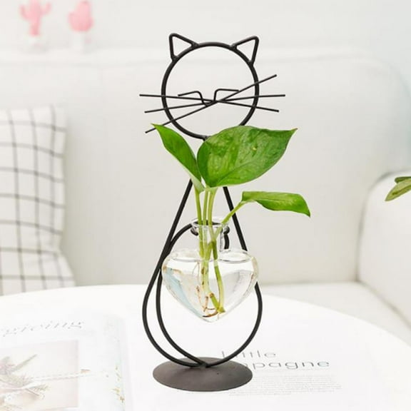 Cat Glass Planter Vase Holder, Plant Terrarium, Propagation Station, Metal Stand for Hydroponics Plants Home Garden Wedding Decoration Outdoor Planter Ideas Modern Creative