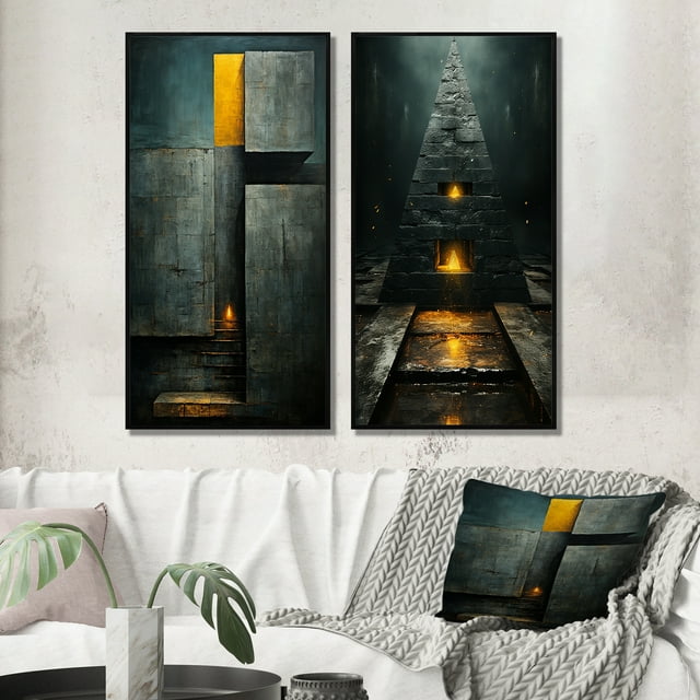 Designart "Indigo Stairway Minimal Grace IV" Modern Geometric Framed Wall Art Set Of 2 - Modern Gold Frame Gallery Set For Office Decor