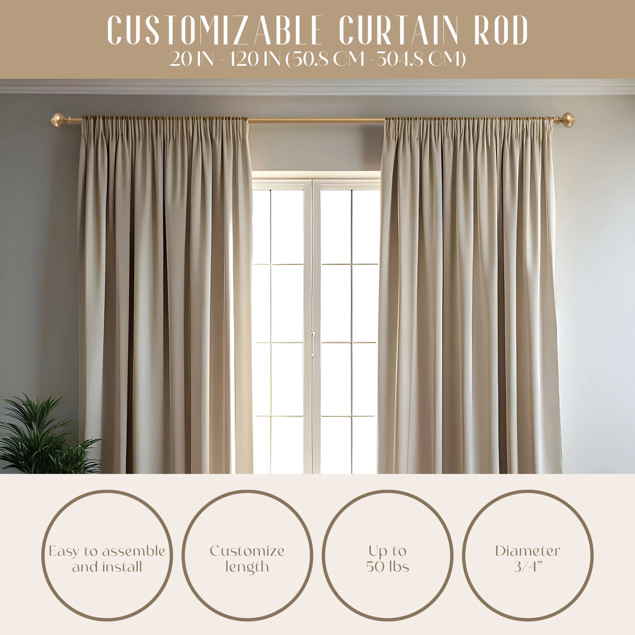 Dwell Studio, Cutomizable Curtain Rods, 3/4" Iron Material, 20 inch-120 inch Kit, Satin Brass