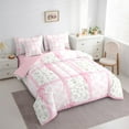 thumbnail image 3 of Homewish Girls Floral Flower Bedding Comforter Set 7pcs, White Pink Checkered Queen Bedding Sets, Cute Bow Knot Queen Sheet Sets, Lightweight Room Decor, 3 of 8