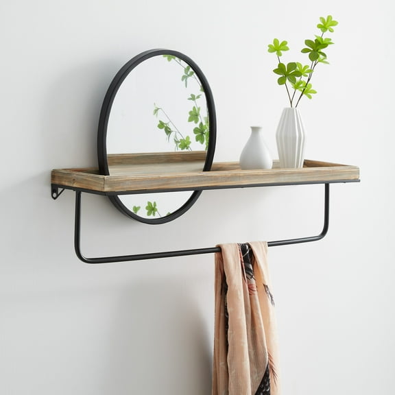 Linon Kenwood Center Mirror Wall Shelf, Black Iron Frame with Gray Wash Finish