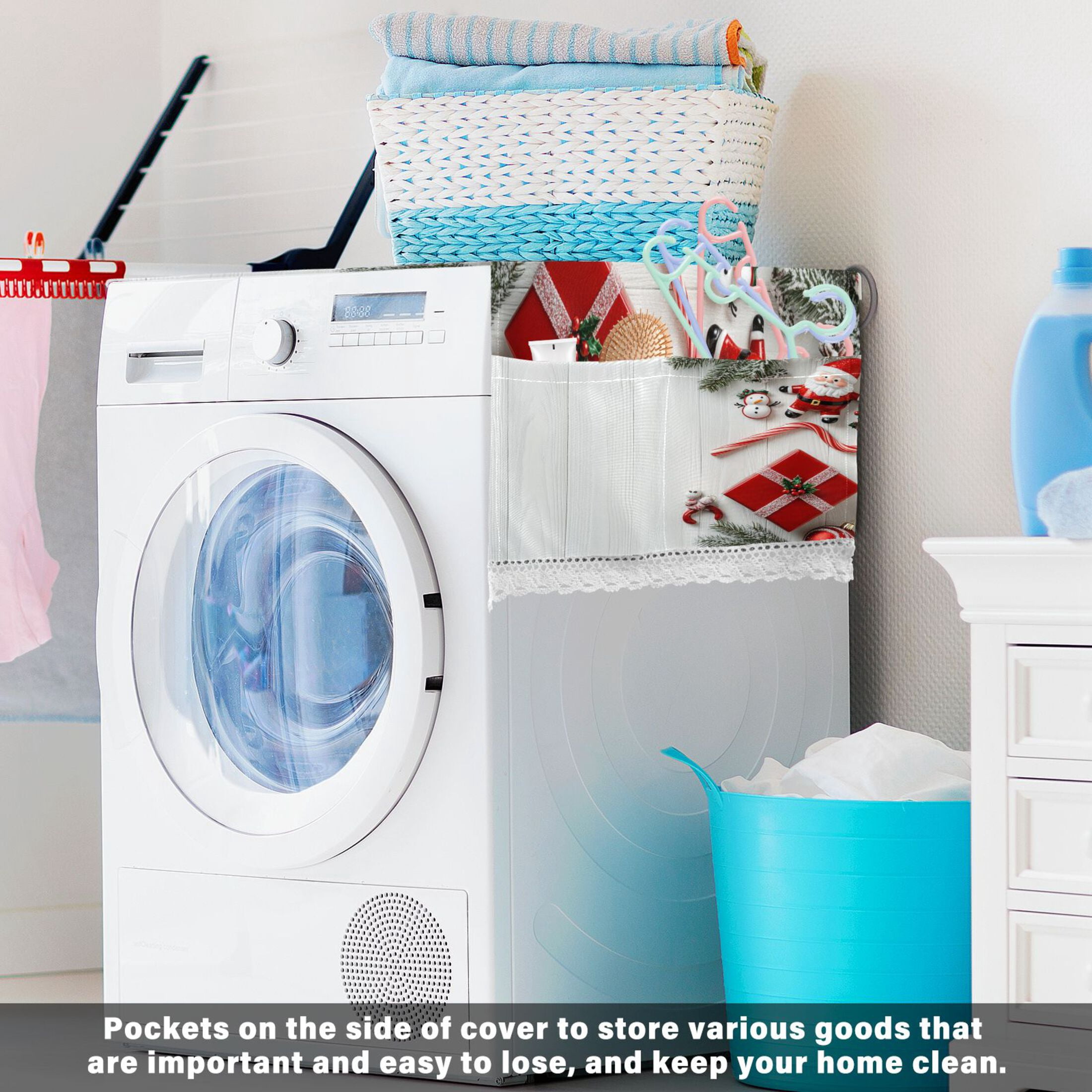 Christmas Background Washer and Dryer Covers Dust-Proof and Oil Resistant Fridge Cover with 4 Storage Pockets Washing Machine Top Cover for Laundry Kitchen Home 51.2 x 22 In