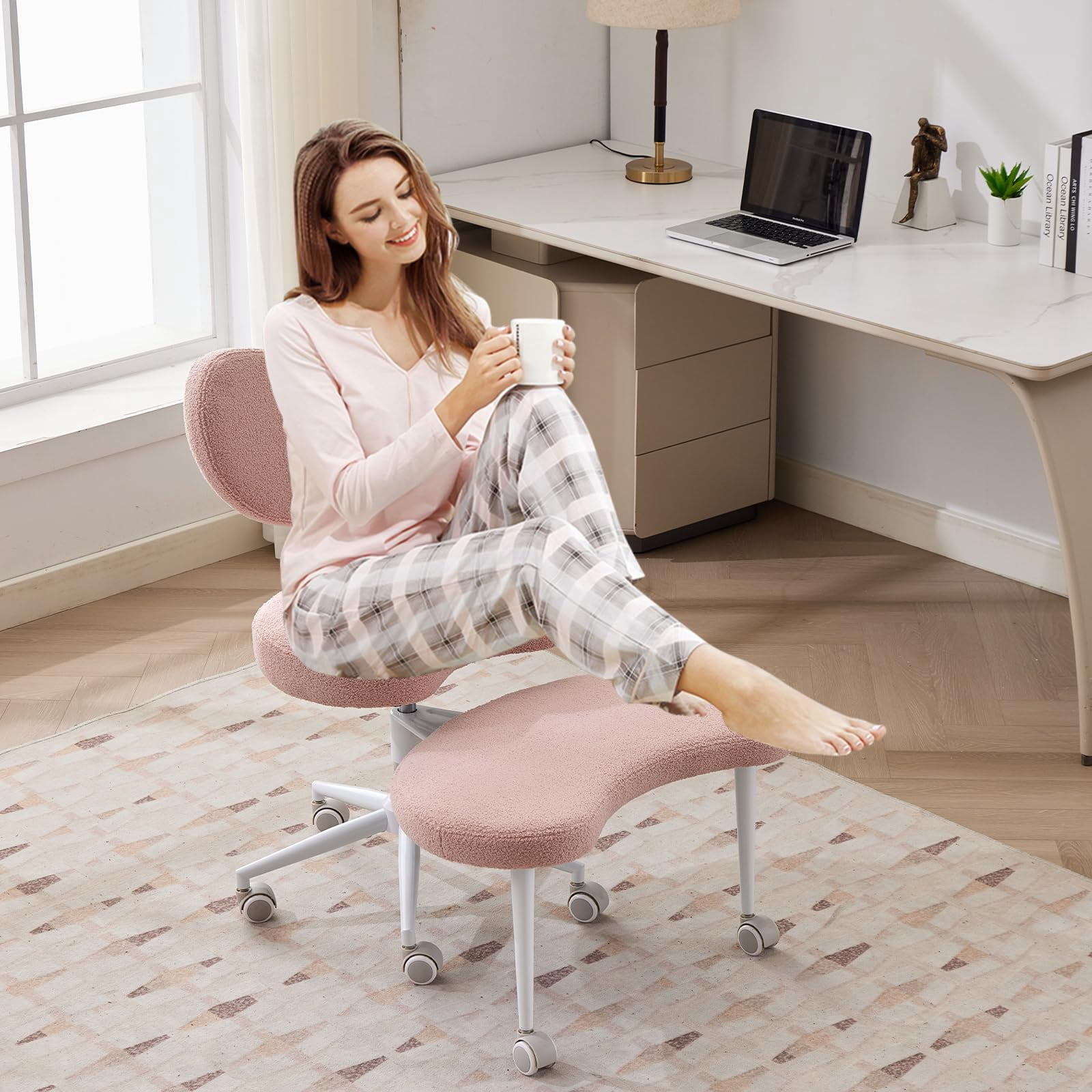 Pawverly Cross-Legged Meditation Chair with Wheels, Adjustable Height Yoga Office Chair with Lumbar Support, Ergonomic Criss Cross Desk Chair for Adults, Pink Teddy
