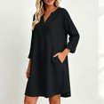 thumbnail image 4 of Women Solid V Neck 3/4 Sleeve Cotton Linen Mini Dress, Loose Casual Swing Dress, Breathable Vacation Dress Black XL(XL), 4 of 8