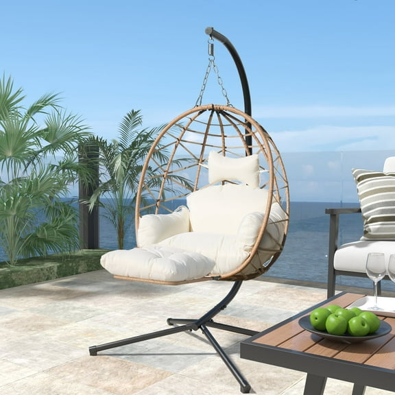 FKSLIFE Steel Wicker Egg Hanging Chair with Stand