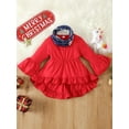 thumbnail image 4 of Suealasg Little Girl Christmas Outfits Clothes 1T 2T 3T 4T 5T 6T Kids Girls Long Sleeve Crew Neck T-Shirts Tops Santa Print Flare Pants Scarf 3Pcs Christmas Party Clothing for Children Girl, 4 of 9