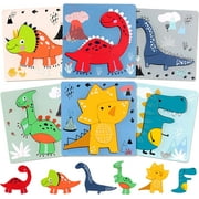 Boxgear Wooden Animal Puzzle 6-Pcs Set Wooden Jigsaw Puzzles with Animals Educational Baby Wooden Toys for Toddler Boys and Girls Colorful Dinosaur Shape Puzzle for Kids