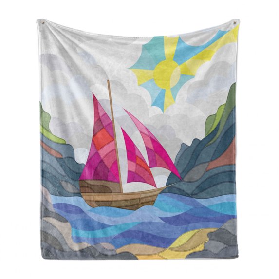 Modern Soft Flannel Fleece Throw Blanket, Sun Sky Clouds Sail Boat on the Sea Vitray Style Fractal Landscape Funky Picture, Cozy Plush for Indoor and Outdoor Use, 70" x 90", Multicolor, by Ambesonne