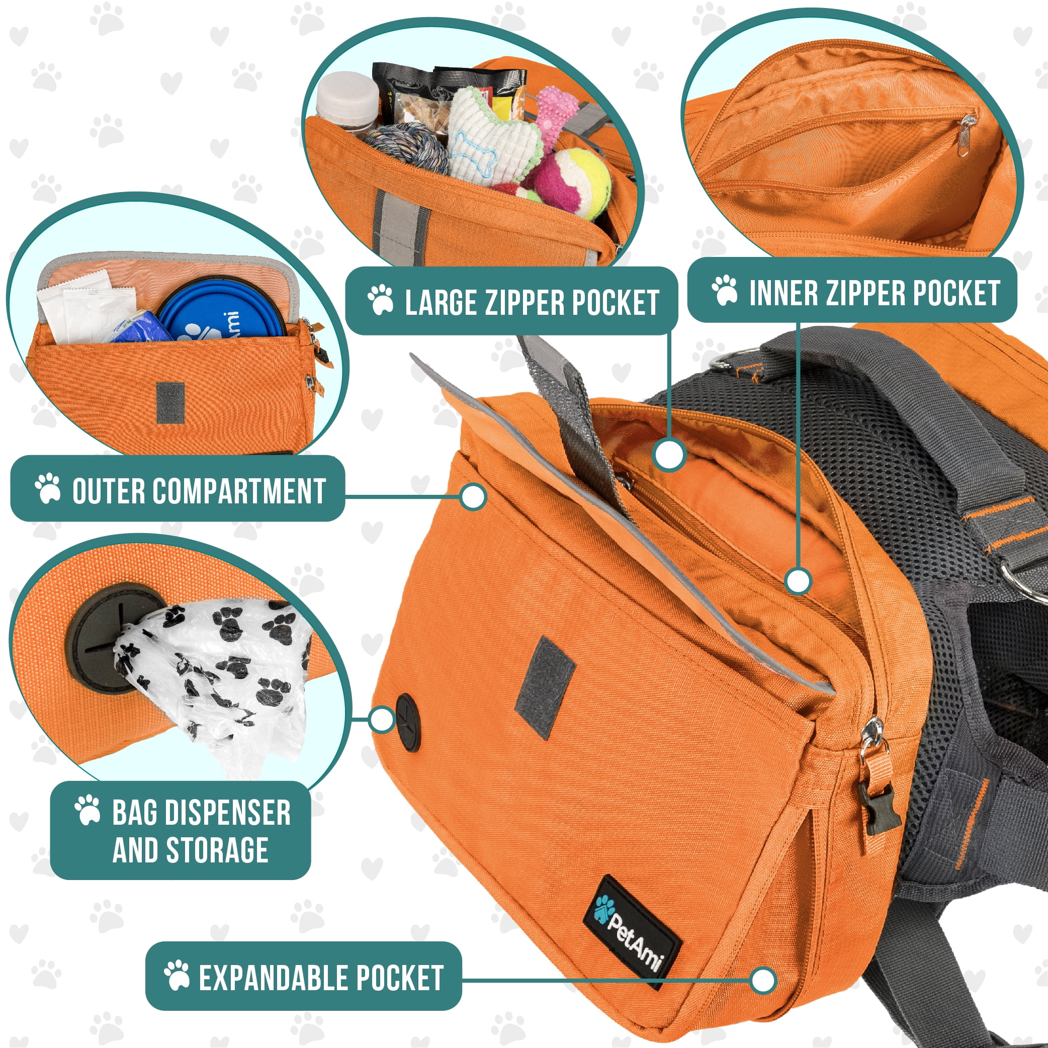 PetAmi Dog Backpack Saddle Bag for Medium Large Dogs, Saddlebag for Dogs to Wear, Harness Saddlebag for Hiking with Reflective Safety Side Pockets, Vest Dog Pack for Camping Travel (Orange, Large)