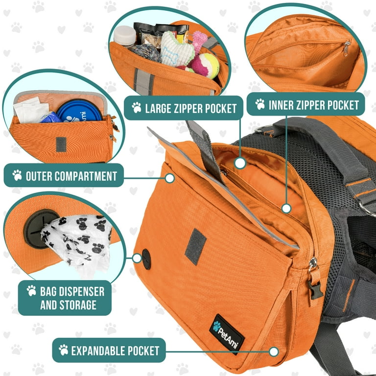 Backpack For Dog Dog Backpack PetAmi Saddle Bag For Medium Large Dogs Saddlebag Dogs Wear Harness Hiking Reflective Safety Side Pockets Vest Pack Camping Travel Orange La Dog Bookbag Dog Backpack Harness