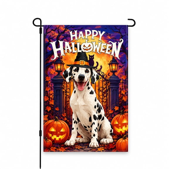 Halloween Garden Flag with Dalmatian & Pumpkins, 12 x 18 Inch - Outdoor Decor for Yard, Lawn, Patio, Porch - Spooky Fall Decorative Yard Flag