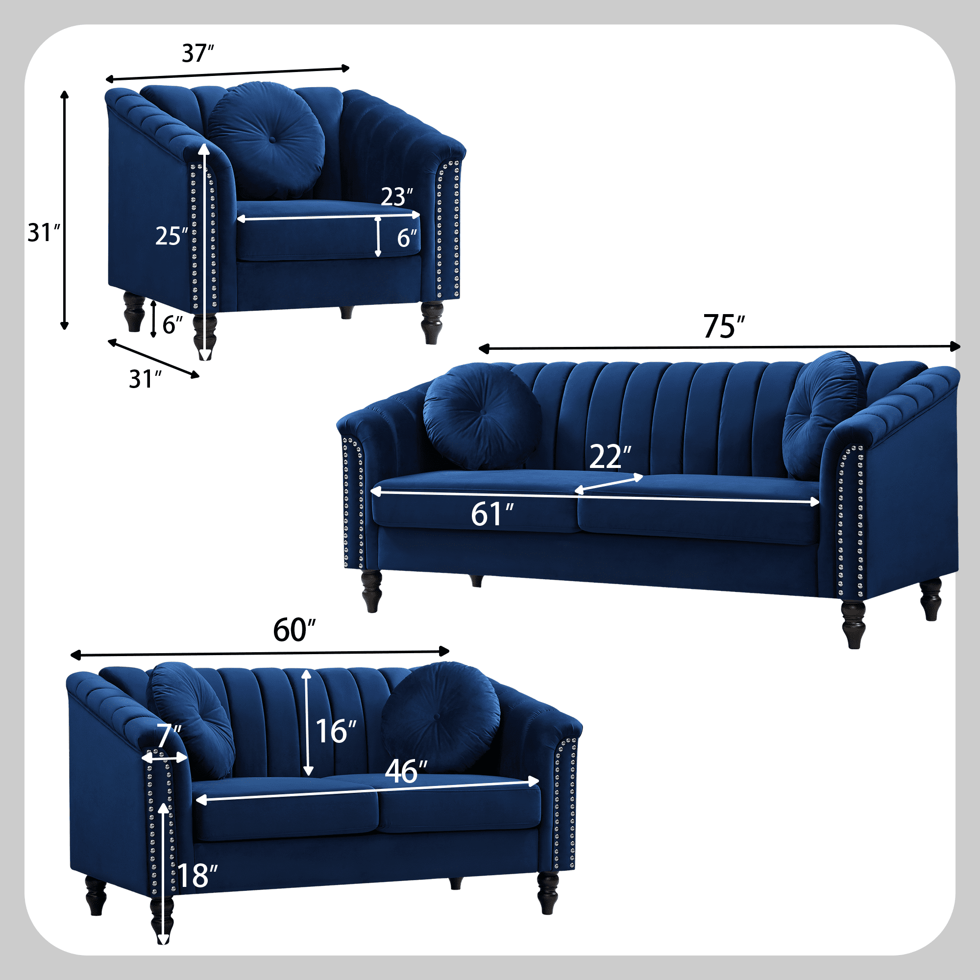 Aukfa 3 Pieces Sectional Sofa Couch Set for Living Room, 3 Seat Sofa, Loveseat and Accent Chair,Blue