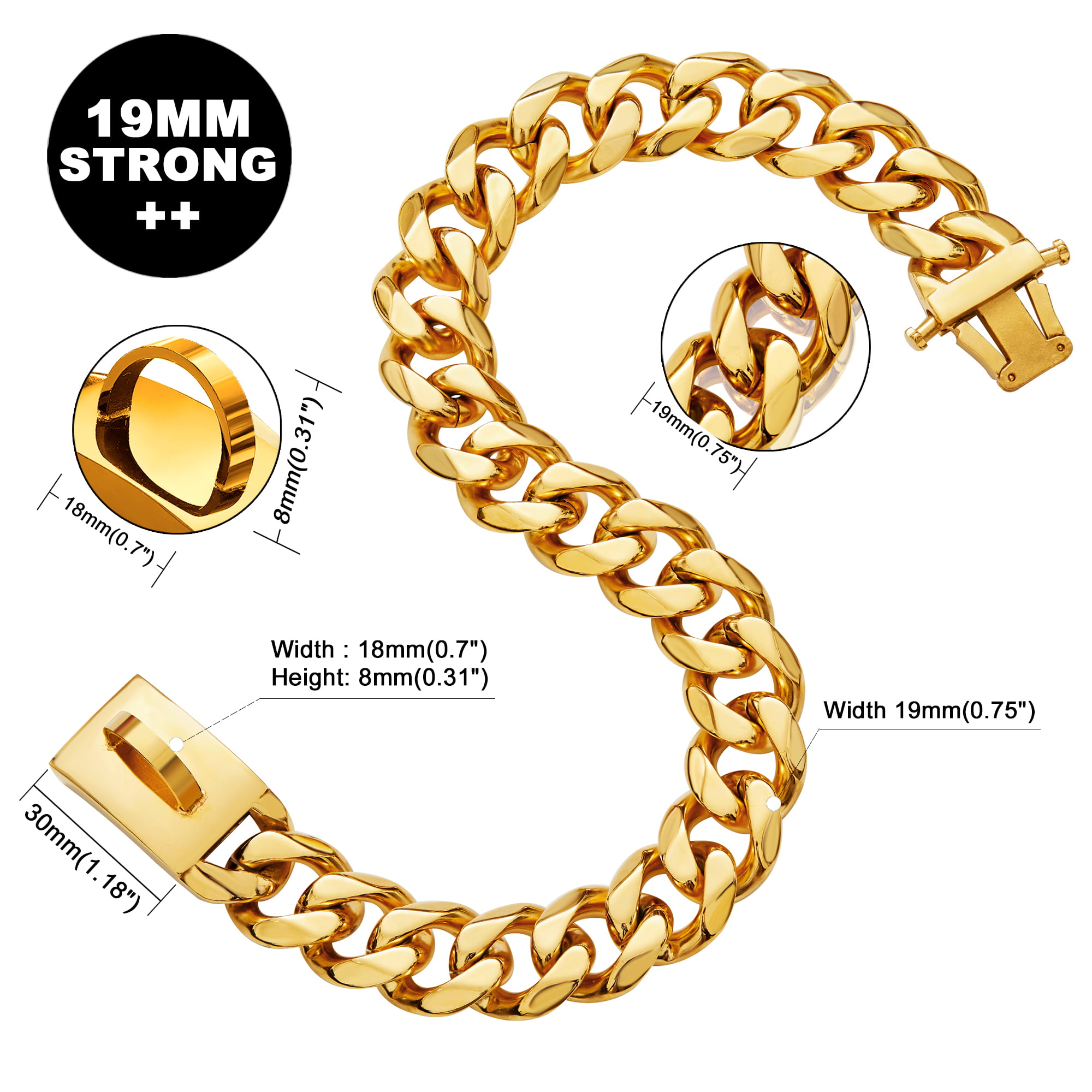 18K Miami Cuban Link Chain 19MM Strong Heavy Duty Chew Proof Walking Collar for Small Medium Large Dogs BMusdog Gold Dog Chain Collar Metal Chain Collar with Design Secure Buckle 