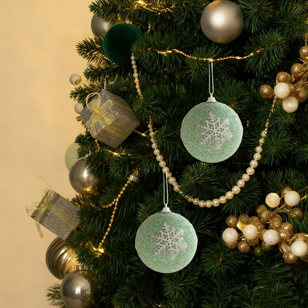 Bolas navideñas verdes flocadas | Juego de adornos navideños de espuma de 8 cm | Paquete de 6 adornos navideños para el hogar y fiestas