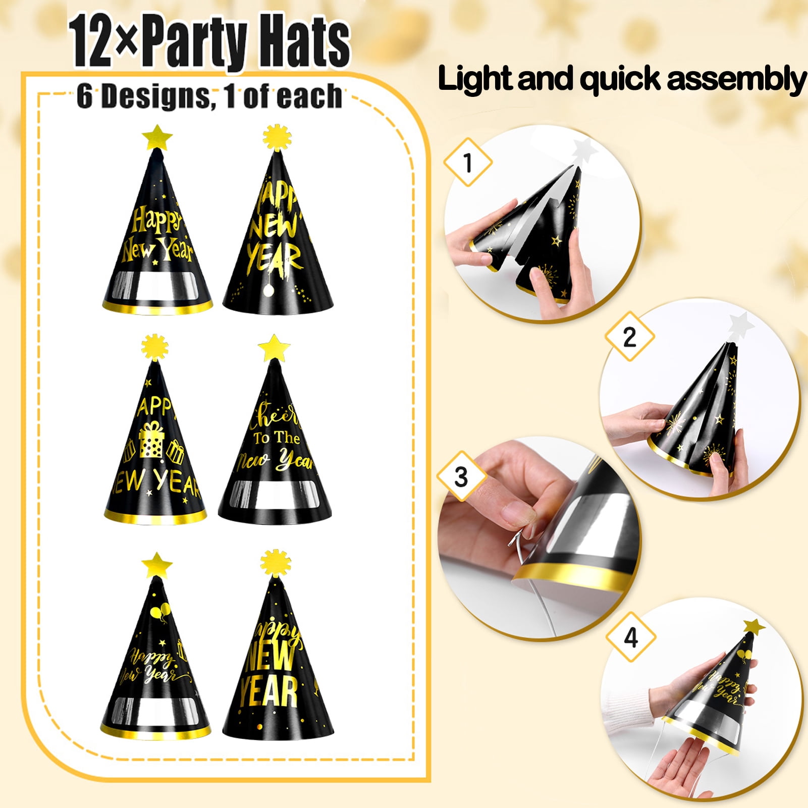 Tumao New Years Eve Decorations 2026 Party Accessories, New Year Party Hats, Headbands, Bead Necklace, Balloon, Partyy Blowouts for Black Gold New Years Eve Decorations 2026, NYE Decorations
