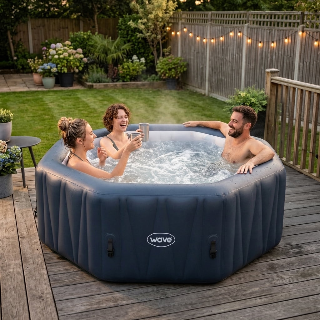 Wave Aegean 6-Person Inflatable Hot Tub | Integrated Eco Heater | 130 Aquajet Massage System | Anti-Freeze Protection | Quick 15-Minute Setup | Navy