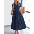 thumbnail image 3 of Navy Blue Womens Short Sleeve Maxi Dress High Waist Tiered A-Line Boho Flowy Beach Vacation Dress, 3 of 6