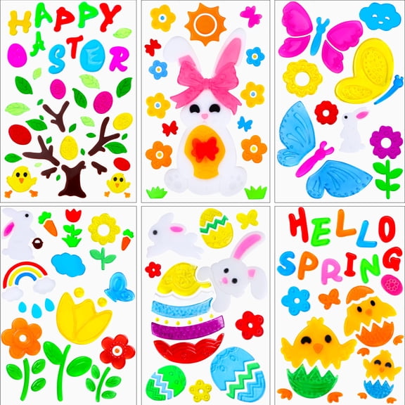 Miguan 6 Sheets Easter Window Gel Clings Decorations, Sweet Bunny and Chick Design, Colorful Spring Holiday Stickers Home and Party Decor