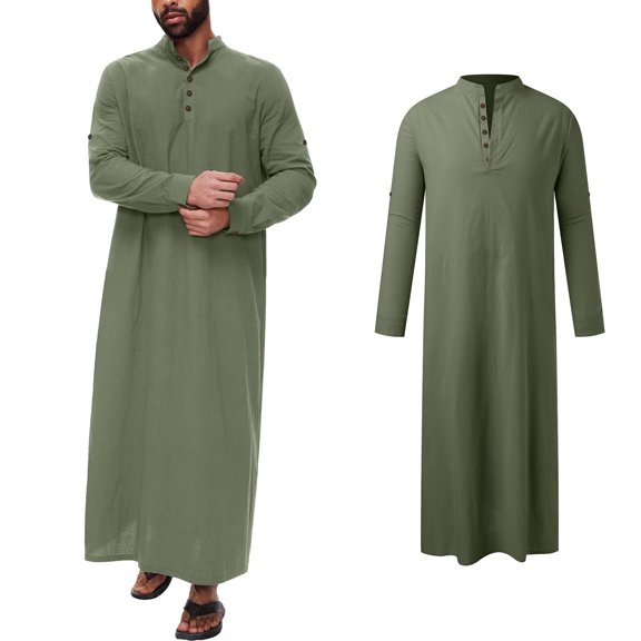 Kaftan For Men Casual Long Sleeve Men'S Robe Button Tab Collar Muslim Clothes Thobe For Men