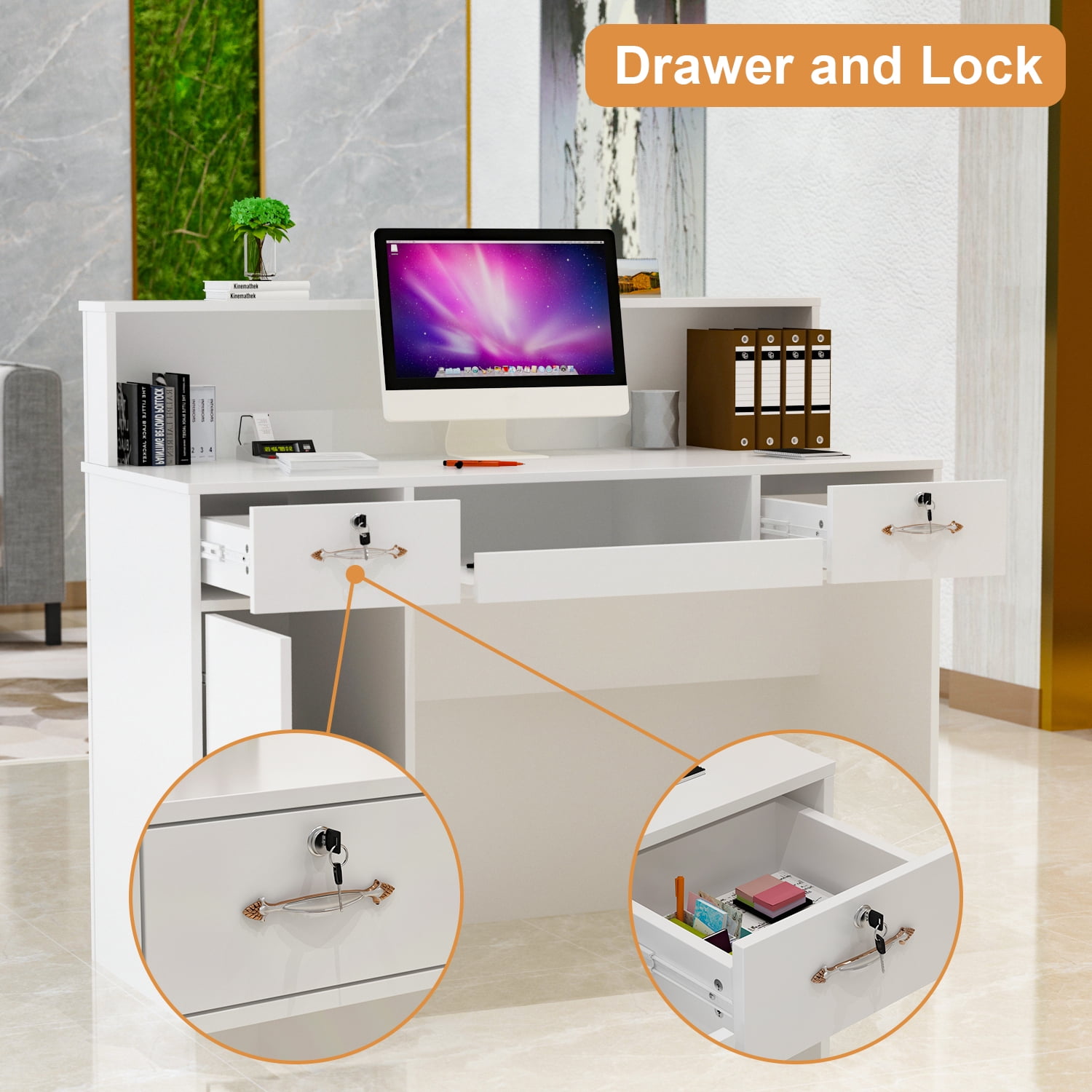 KULAGAGA 47.2 inch Reception Desk with LED, Reception Desk  with Locked Drawer and Storage Cabinet, White
