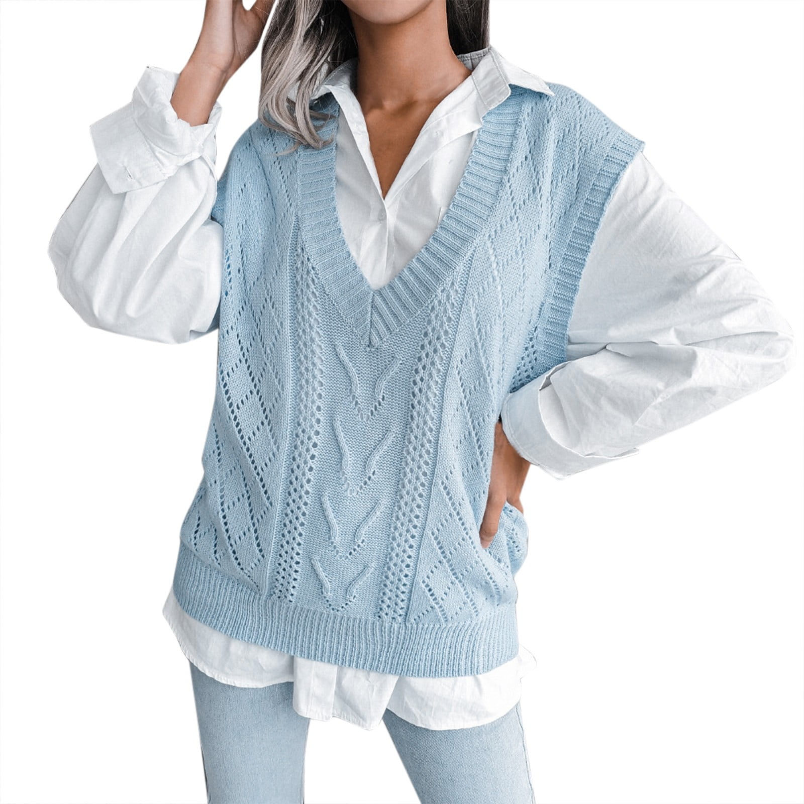 Xinshide Cropped Sweater for Women Sleeveless Sweater Vests Tops Solid Printing Blue S Cute Sweaters, Women's, Size: Small
