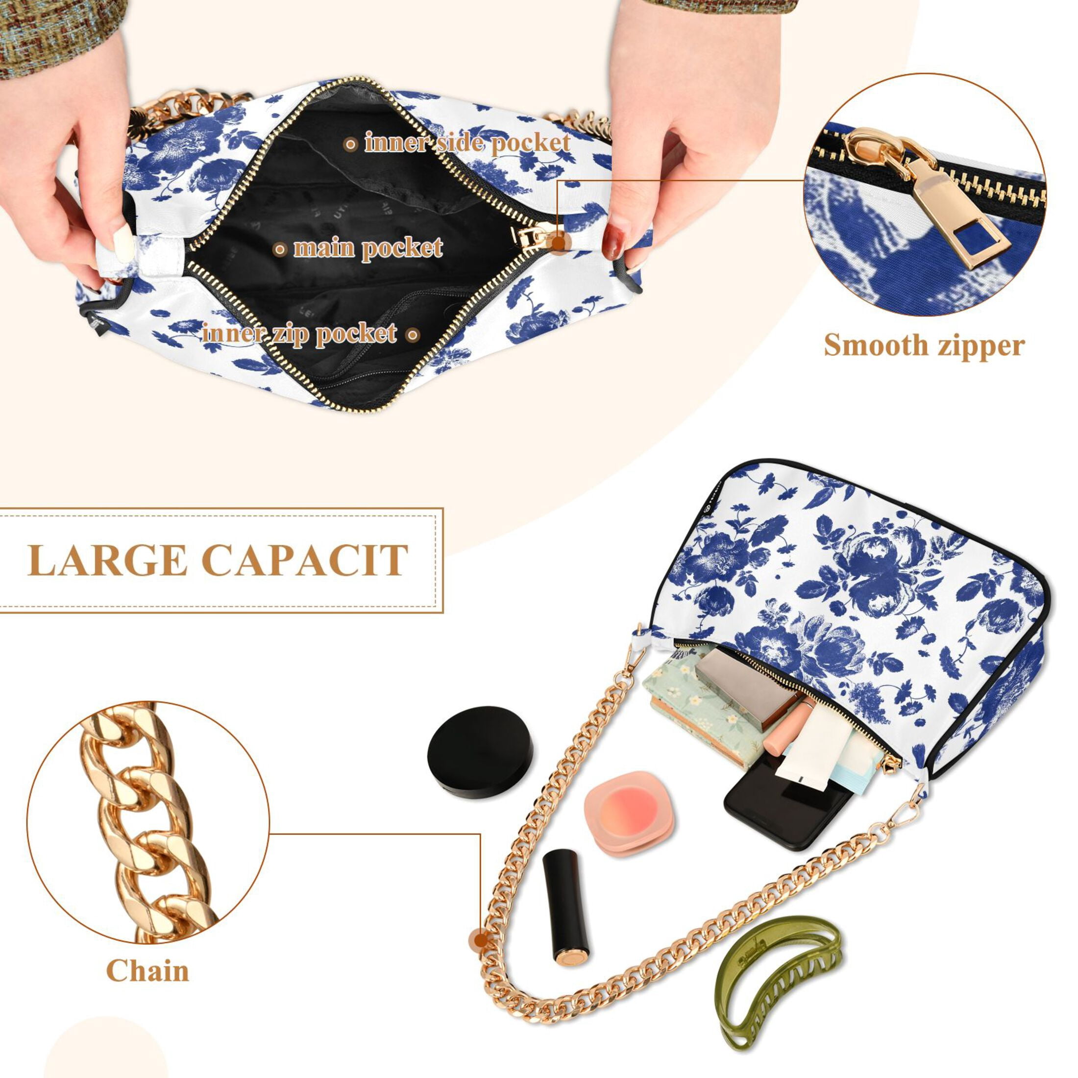 Blue and White Flowers Womens Chain Shoulder Bag Tote Handbag Clutch Hobo Purse with Zipper for Travel Casual