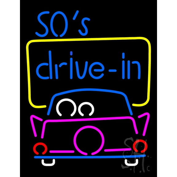 50s Drive In LED Neon Sign 19 x 15 - inches, Black Square Cut Acrylic Backing, with Dimmer - Bright and Premium built indoor LED Neon Sign for café, club, party, event and stroefront.