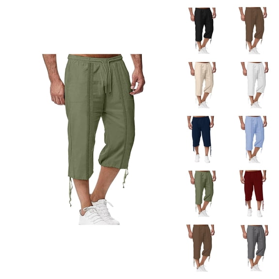 Mens Capri Pants Summer Casual Elastic Waist Cotton Linen Lightweight Straight Leg Cropped Pants with Pockets