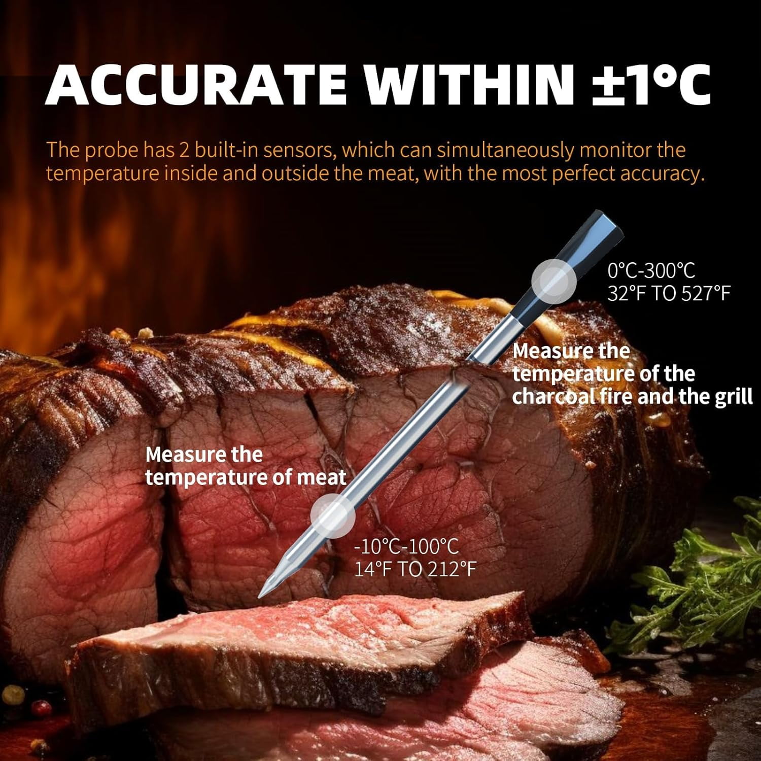 Smart Wireless Meat Thermometer with App, 500ft Range Bluetooth 5.4 BBQ Thermometer, Wire-Free Digital Food Probe with Dual Sensors for Grilling, Smoker, Oven, Rotisserie, Steak, IP67 Waterproof