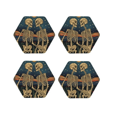 

Junzan Romantic Skeletons Under Moon Print Coasters for Drinks - Leather Coasters Set of 4 for Coffee Table for Housewarming/Kitchen/Bar/Decor-Hexagon