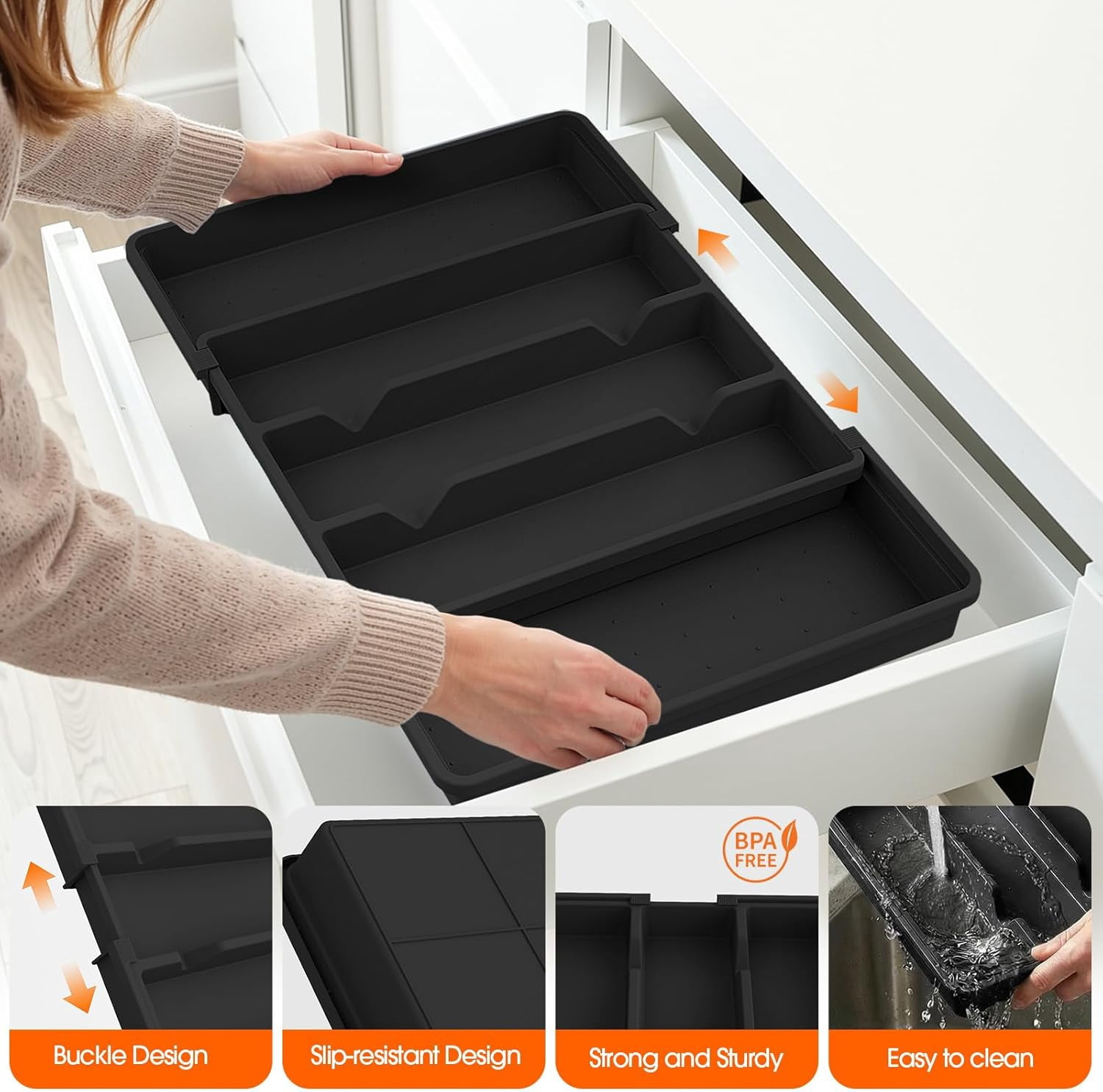 Silverware Organizer, Expandable Utensil Drawer Organizer for Kitchen Drawers, Kitchen Drawer Organizer for Spoons/Forks/Knives, Multipurpose & BPA Free Cutlery Tray, Black, 2 Pack