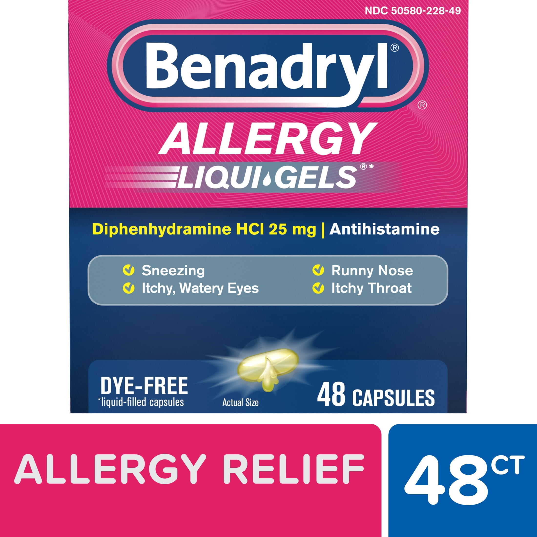 (3 pack) Benadryl Liqui-Gels Antihistamine Allergy Medicine, Dye Free, 48 Count