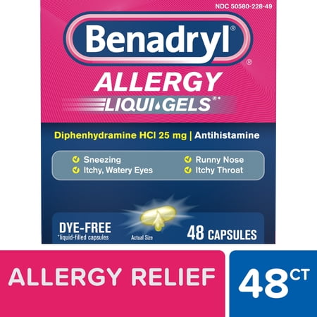 Benadryl Liqui-Gels Antihistamine Allergy Medicine, Dye Free, 48 Count