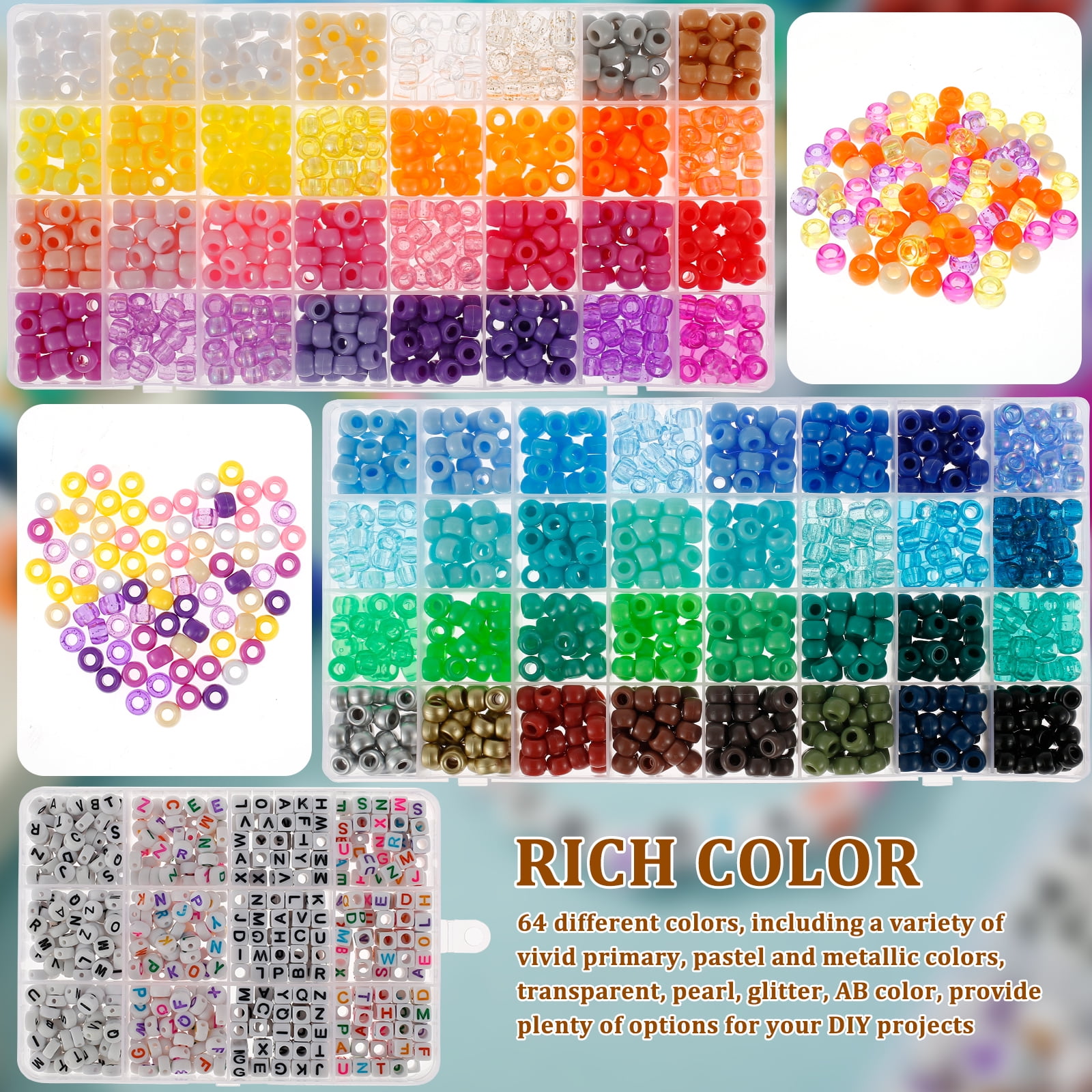 FVKRNYZ 1977Pcs Pony Beads Kit for Bracelet Making 64 Colors 9mm Kandi Beads Set Plastic Pony Beads Bulk with 375pcs Letter Beads Elastic String DIY Bracelets Jewelry Beads