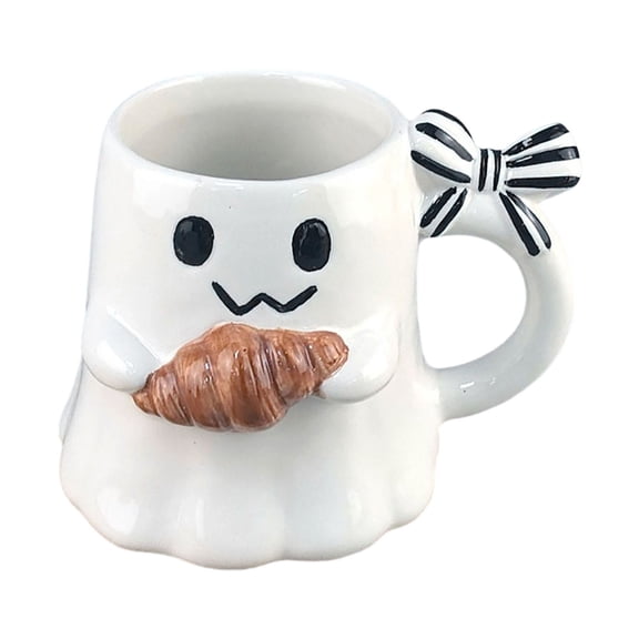Ceramic Ghost Coffee Mug with Croissant Design, Funny Spooky Halloween Tea Cup for Office Home, Creative Novelty Drinkware for Coffee Lovers and Holiday Gifts 5.3x4.1Inch