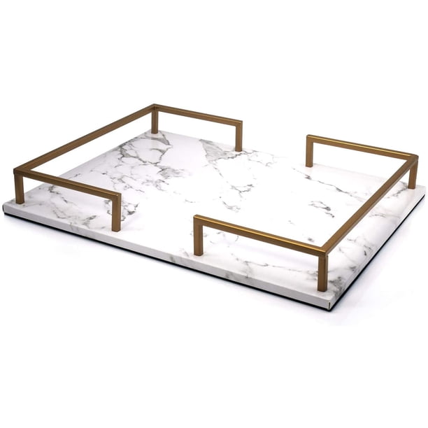 Bandeja decorativa Bandeja de patrón de mármol de PU Bandeja de almacenamiento rectangular con asas de metal dorado Utilizado como bandeja para servir Almacenamiento de joyas Bandeja de cos JFHHH pequeña