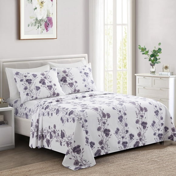 Marina Decoration Ultra Soft Silky Deep Pocket Rich Printed Bedding Rayon from Bamboo All Season Sheet Set with Pillowcases, Purple Carnation Floral Pattern