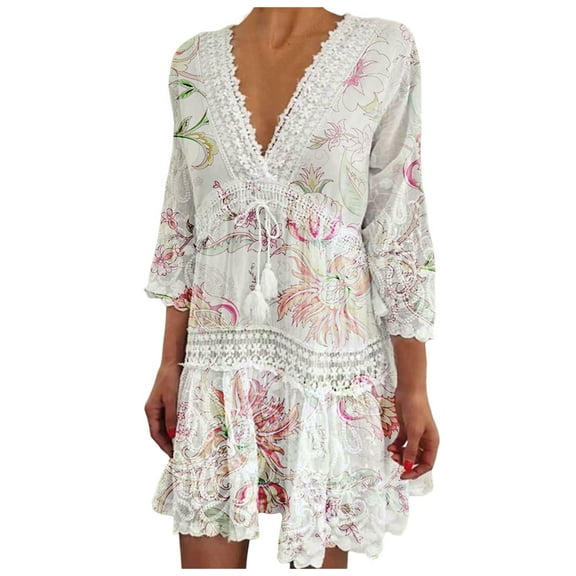 Women's V Neck Jacquard Quarter Sleeve Bohemian Cutout Floral Sexy Beach Dress,Red,S