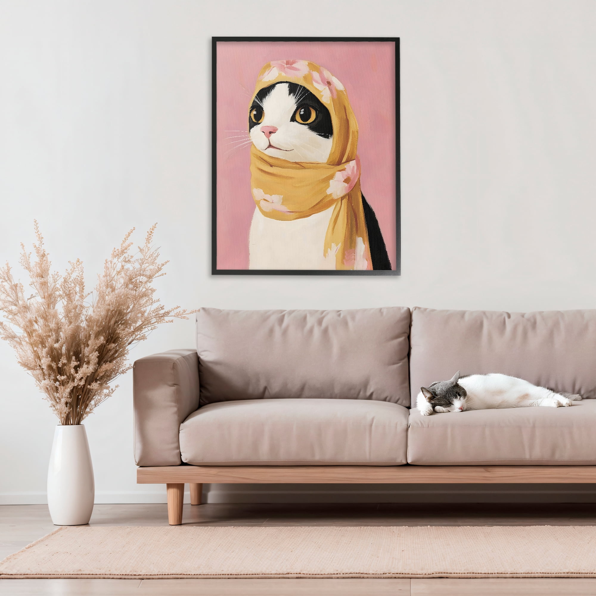 Stupell Industries Cat Babushka in Yellow Scarf Black Framed Giclee Art, design by The Prints Vibe