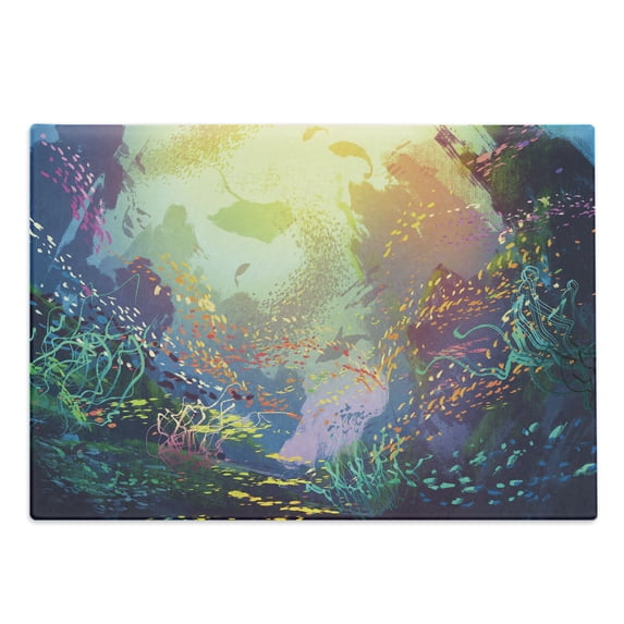 Sea Animals Cutting Board, Underwater with Coral Reef and Colorful Fish Aquarium Print, Decorative Tempered Glass Cutting and Serving Board, Large Size, Turquoise Yellow Pink, by Ambesonne