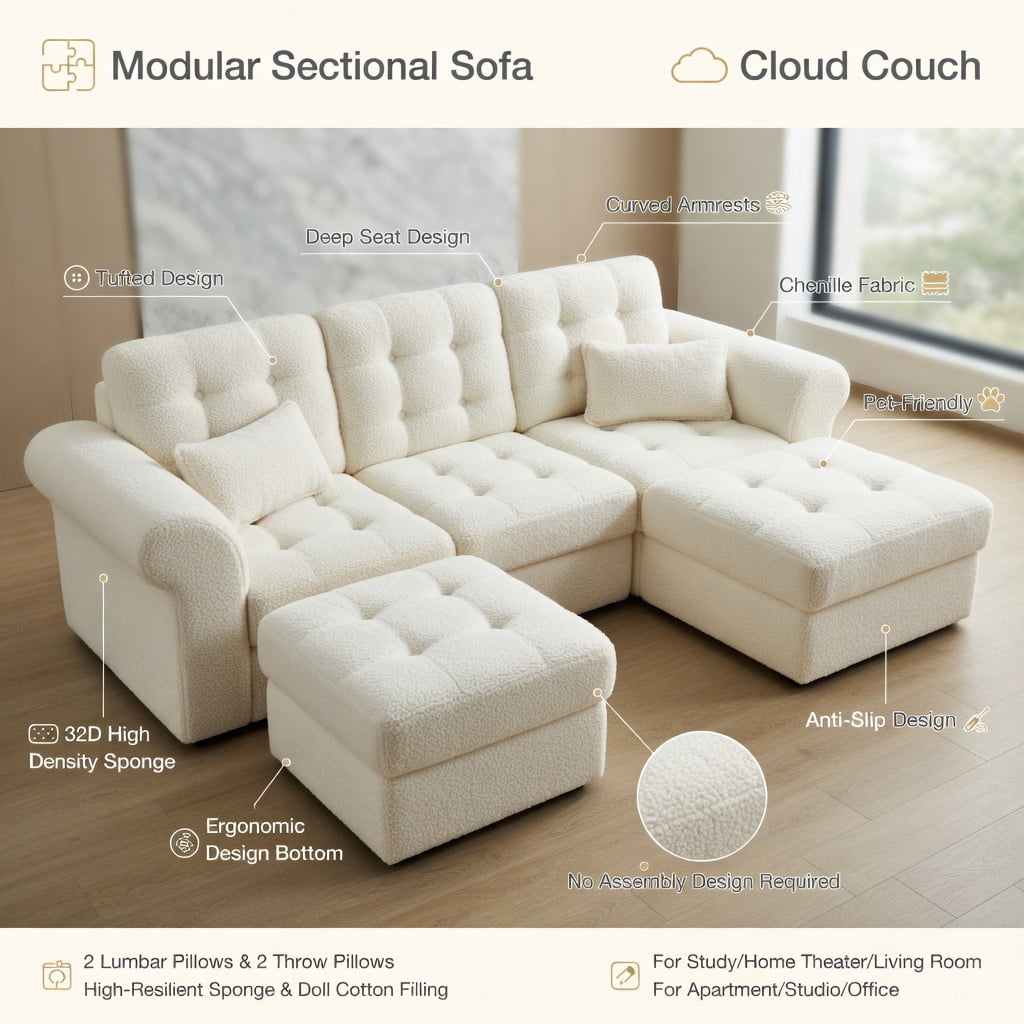 Hommoo Teddy Fleece 4-Seat Modular Sectional Sofa with Curved Backrest, Movable Ottoman & Double-Layer Cloud Cushions, Beige